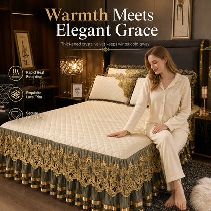 Quilted Velvet Bed Skirt with Lace Trim and Non-Slip Design