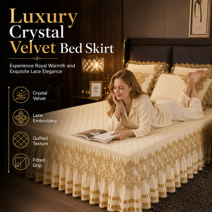 Quilted Velvet Bed Skirt with Lace Trim and Non-Slip Design