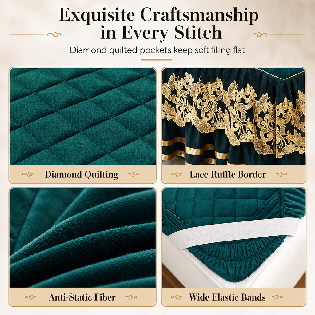 Quilted Velvet Bed Skirt with Lace Trim and Non-Slip Design