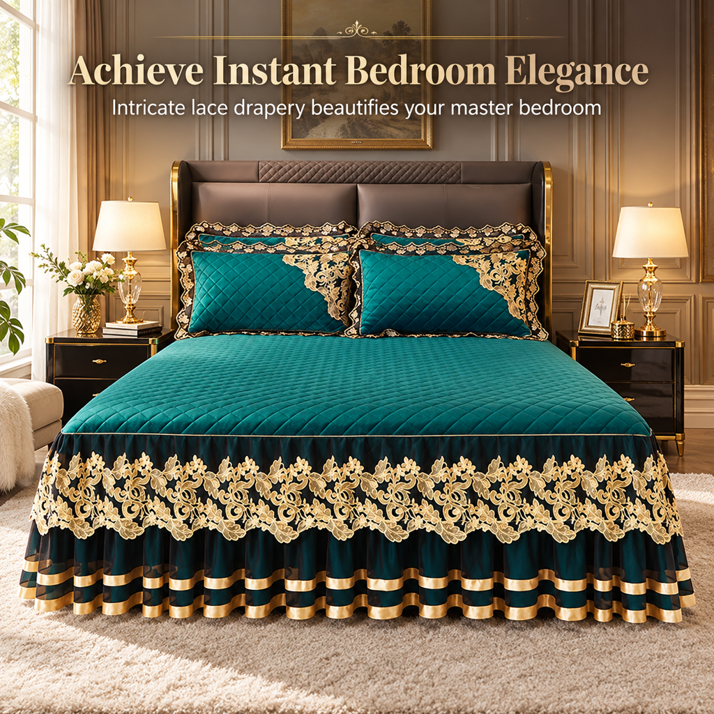 Quilted Velvet Bed Skirt with Lace Trim and Non-Slip Design