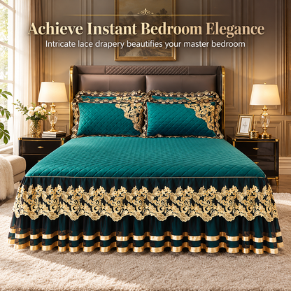 Quilted Velvet Bed Skirt with Lace Trim and Non-Slip Design