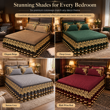 Quilted Velvet Bed Skirt with Lace Trim and Non-Slip Design