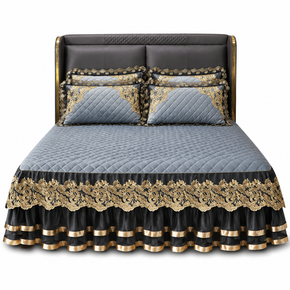Quilted Velvet Bed Skirt with Lace Trim and Non-Slip Design