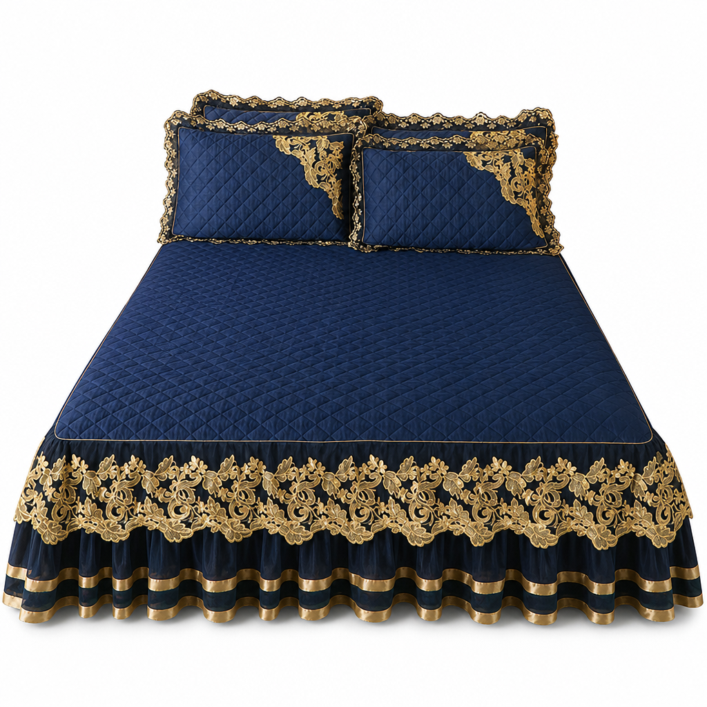 Quilted Velvet Bed Skirt with Lace Trim and Non-Slip Design