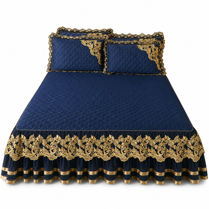 Quilted Velvet Bed Skirt with Lace Trim and Non-Slip Design