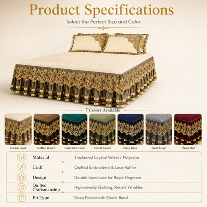 Quilted Velvet Bed Skirt with Lace Trim and Non-Slip Design