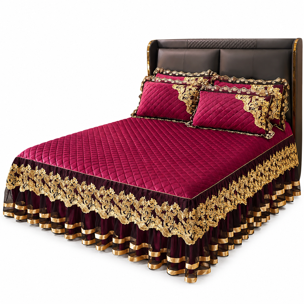 Quilted Velvet Bed Skirt with Lace Trim and Non-Slip Design