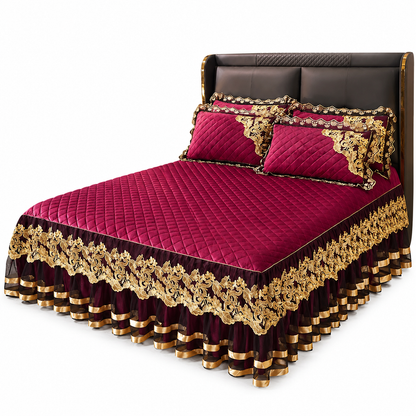 Quilted Velvet Bed Skirt with Lace Trim and Non-Slip Design