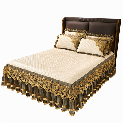 Quilted Velvet Bed Skirt with Lace Trim and Non-Slip Design