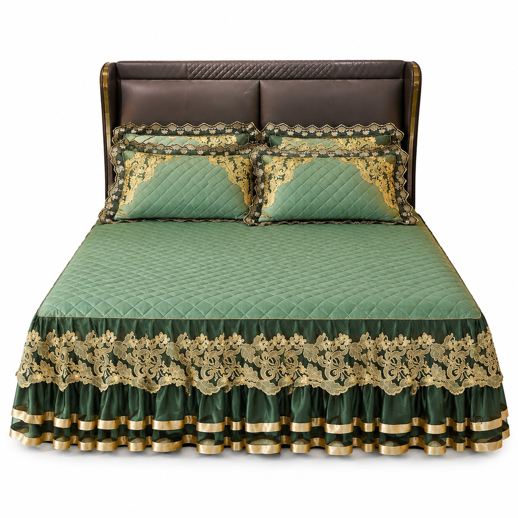 Quilted Velvet Bed Skirt with Lace Trim and Non-Slip Design