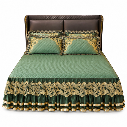 Quilted Velvet Bed Skirt with Lace Trim and Non-Slip Design