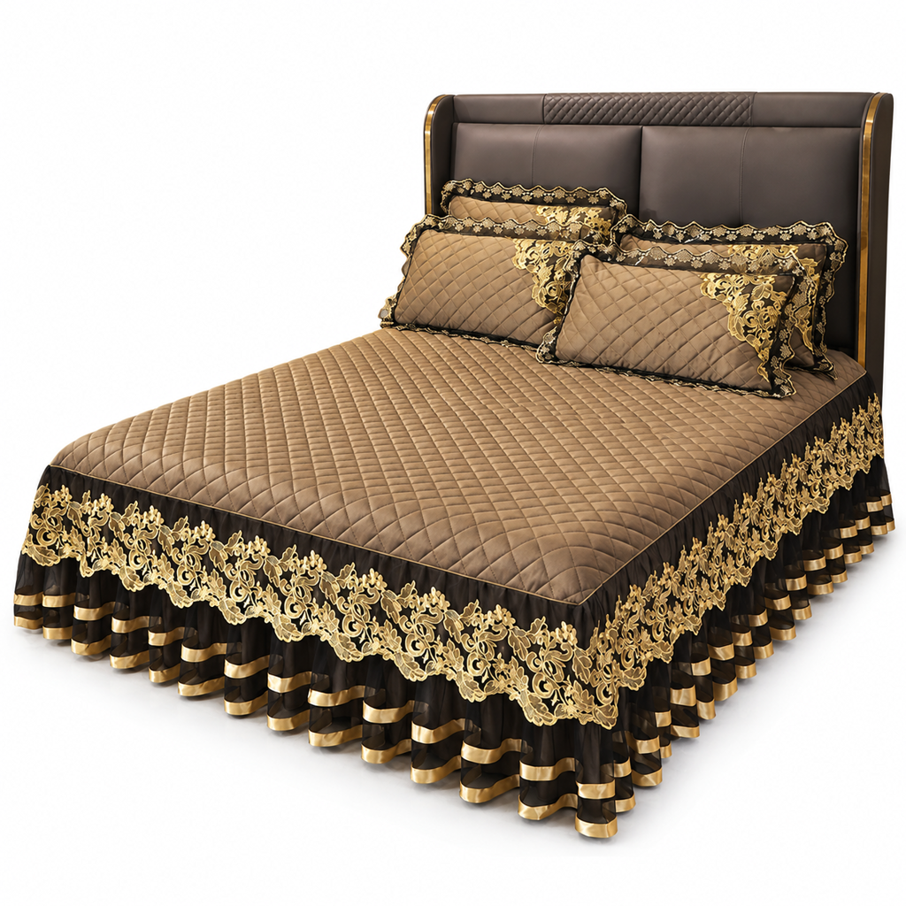 Quilted Velvet Bed Skirt with Lace Trim and Non-Slip Design