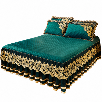 Quilted Velvet Bed Skirt with Lace Trim and Non-Slip Design