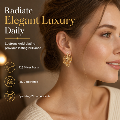 📢📢 50% OFF✨18K Gold-Plated Double Leaf Earrings – Sparkling CZ, Two-Way Wear Design