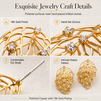 📢📢 50% OFF✨18K Gold-Plated Double Leaf Earrings – Sparkling CZ, Two-Way Wear Design