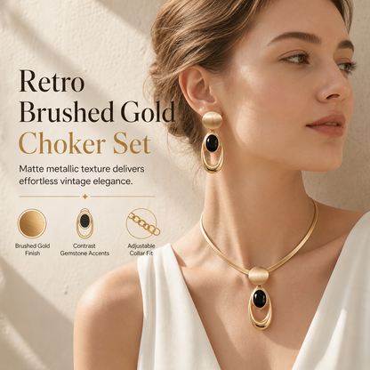 📢📢50% OFF !! ⏰ Vintage Brushed Gold and Black Gemstone and Earring Set Elegant Choker Jewelry Set for Banquets and Parties
