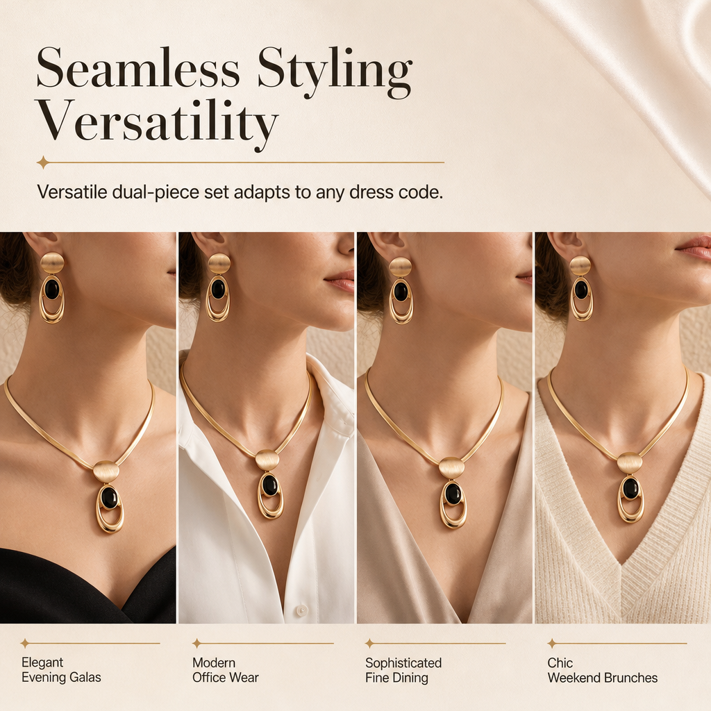 📢📢50% OFF !! ⏰ Vintage Brushed Gold and Black Gemstone and Earring Set Elegant Choker Jewelry Set for Banquets and Parties
