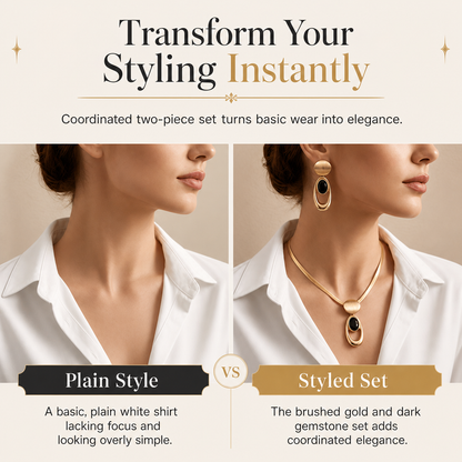 📢📢50% OFF !! ⏰ Vintage Brushed Gold and Black Gemstone and Earring Set Elegant Choker Jewelry Set for Banquets and Parties