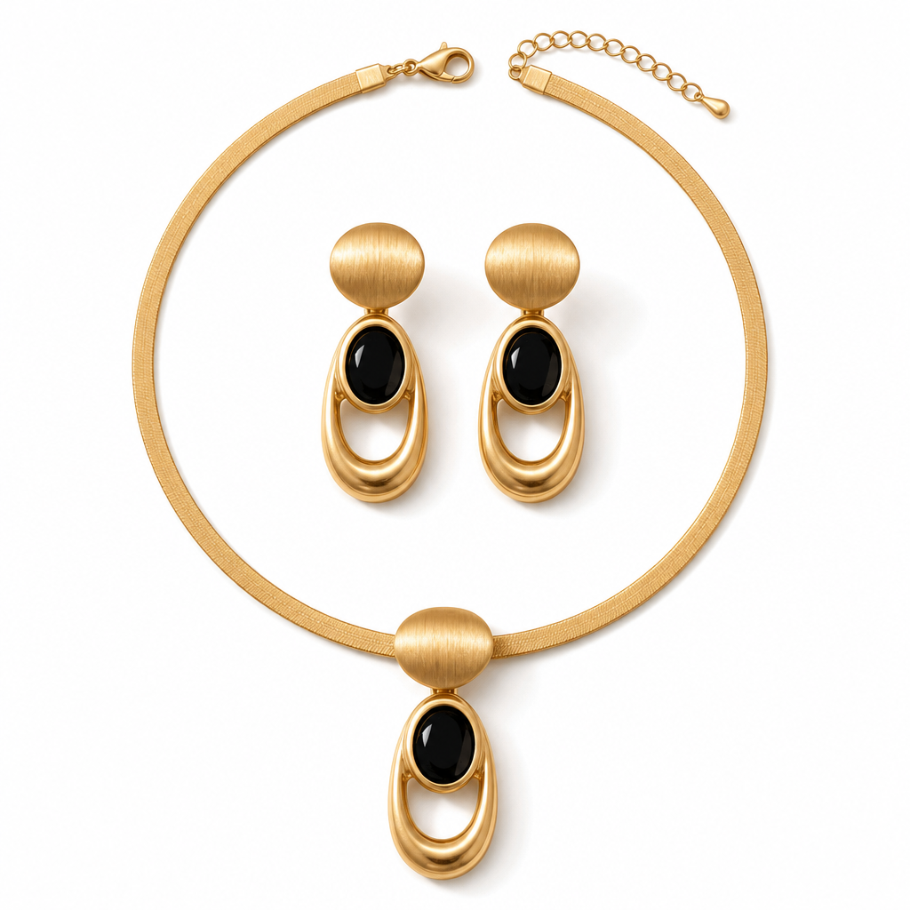 📢📢50% OFF !! ⏰ Vintage Brushed Gold and Black Gemstone and Earring Set Elegant Choker Jewelry Set for Banquets and Parties