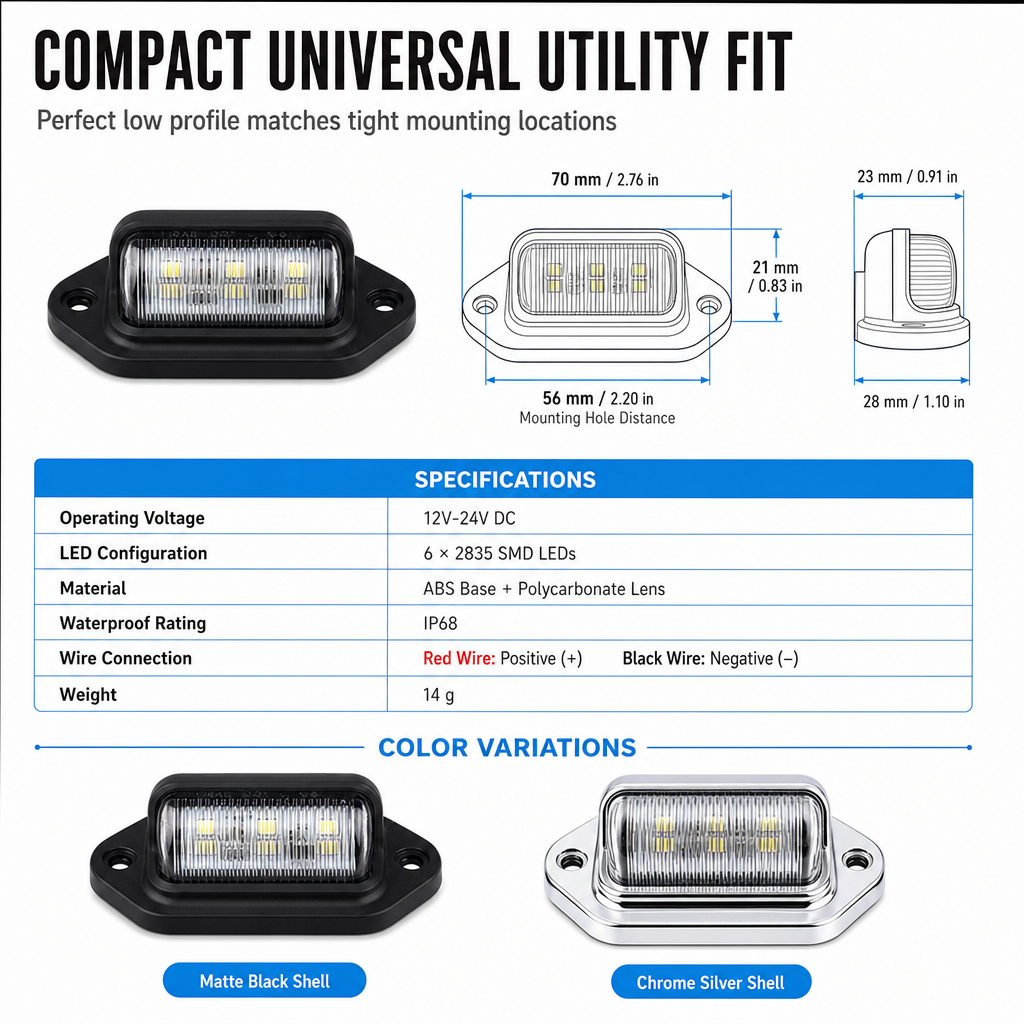 6 LED License Plate Light 12V 24V Universal White Signal Lamp Utility Light for Cars Trucks Trailers RVs