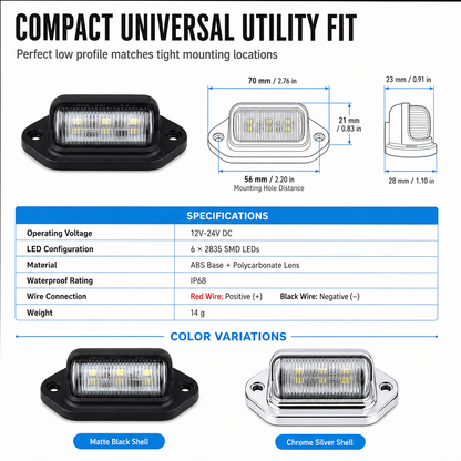 6 LED License Plate Light 12V 24V Universal White Signal Lamp Utility Light for Cars Trucks Trailers RVs