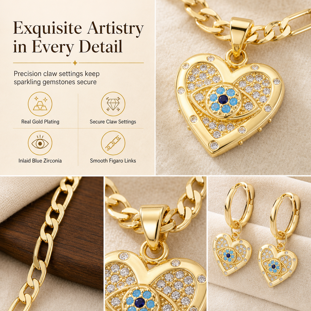 🧿 50% OFF! ✨ 18K Gold Plated Evil Eye Heart Necklace & Earrings Jewelry Set