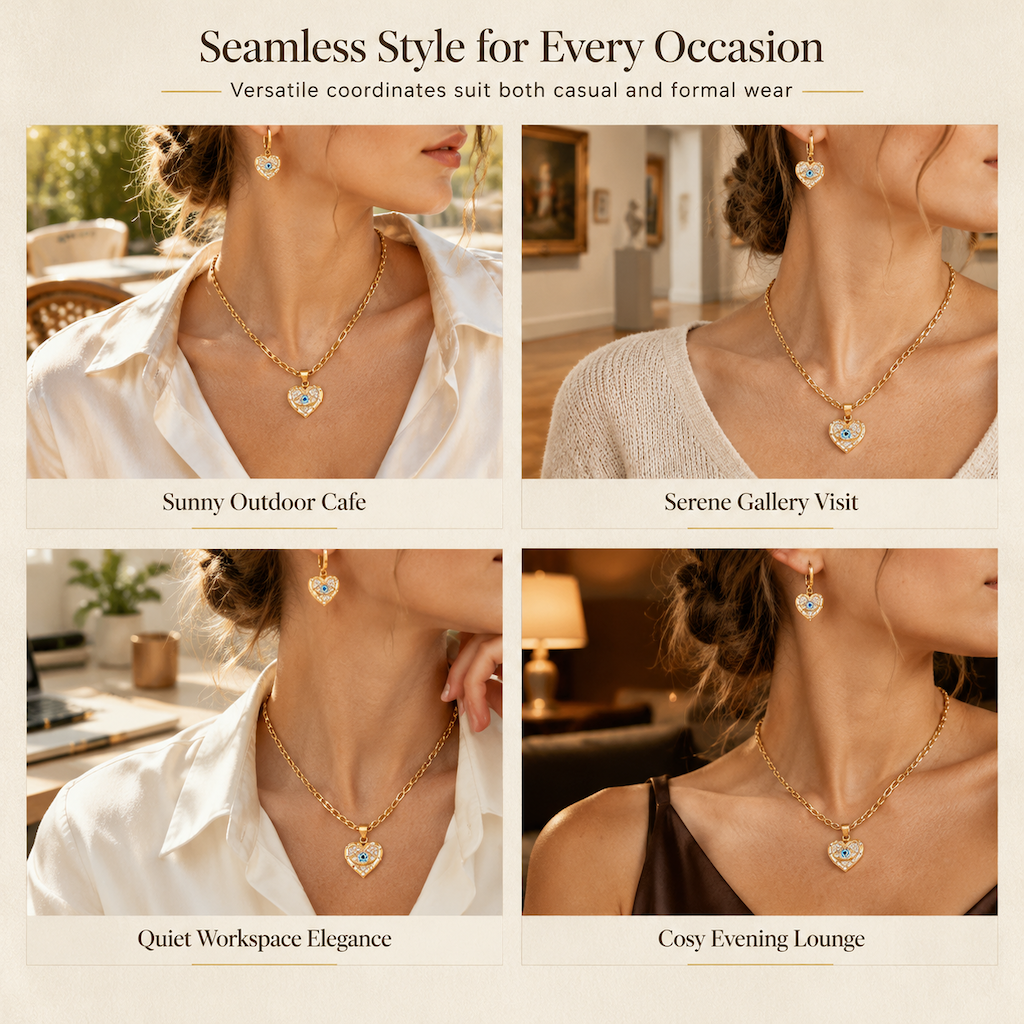 🧿 50% OFF! ✨ 18K Gold Plated Evil Eye Heart Necklace & Earrings Jewelry Set