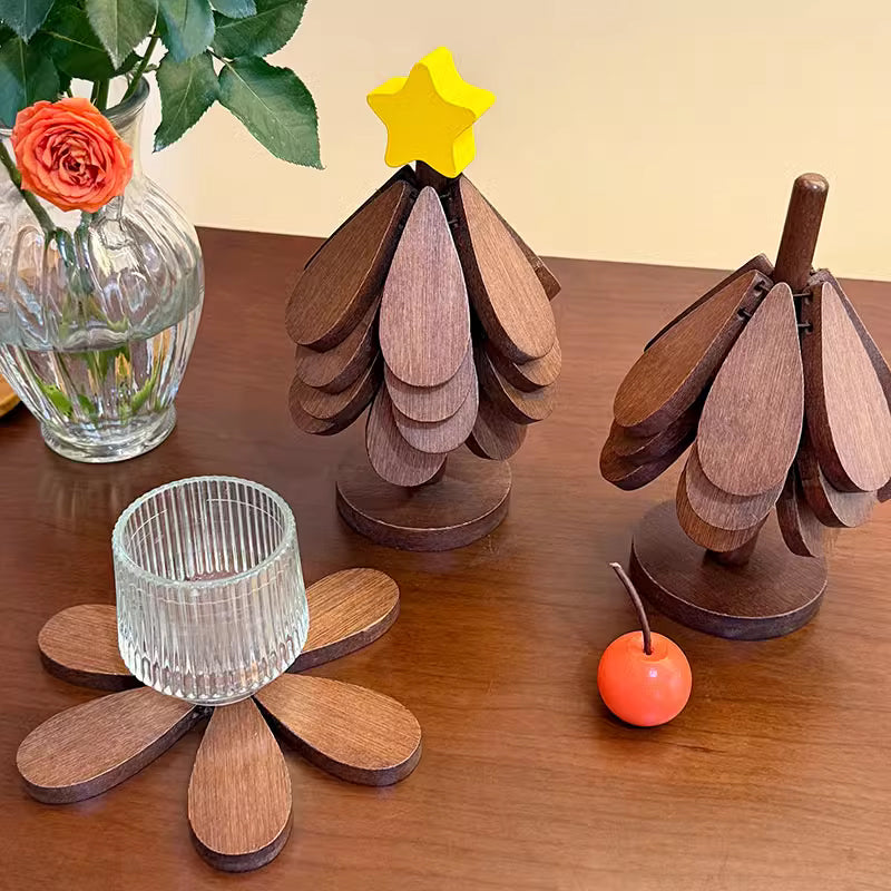 📢📢 50% OFF☕Foldable Wooden Tree-Shaped Trivet Set – Heat-Resistant Pot Holders & Coasters for Table Protection