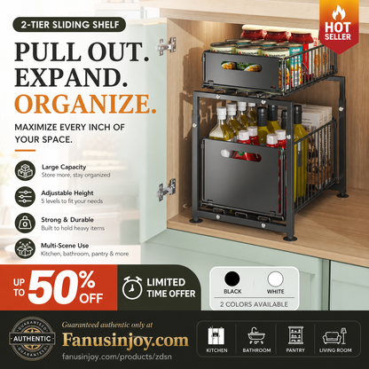 🔄💪 50% OFF! 📦2-Tier Pull-Out Shelf – Double storage, easy reach.